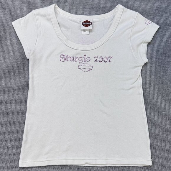 Harley-Davidson Womens White Sturgis 2007 T-Shirt Pink Rhinestone Logo Size S - Picture 5 of 15